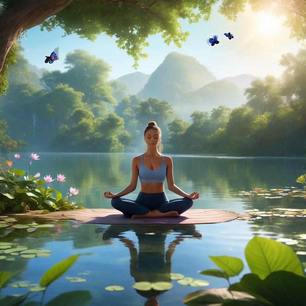 A serene yoga practitioner meditating in a tranquil natural setting, surrounded by lush greenery and soft sunlight filtering through leaves. In the foreground, gentle waves of a calm lake reflect the blue sky, while ethereal butterflies flutter around. Include subtle symbols of mindfulness like lotus flowers and chanting stones. super-realistic. vibrant colors. peaceful atmosphere.